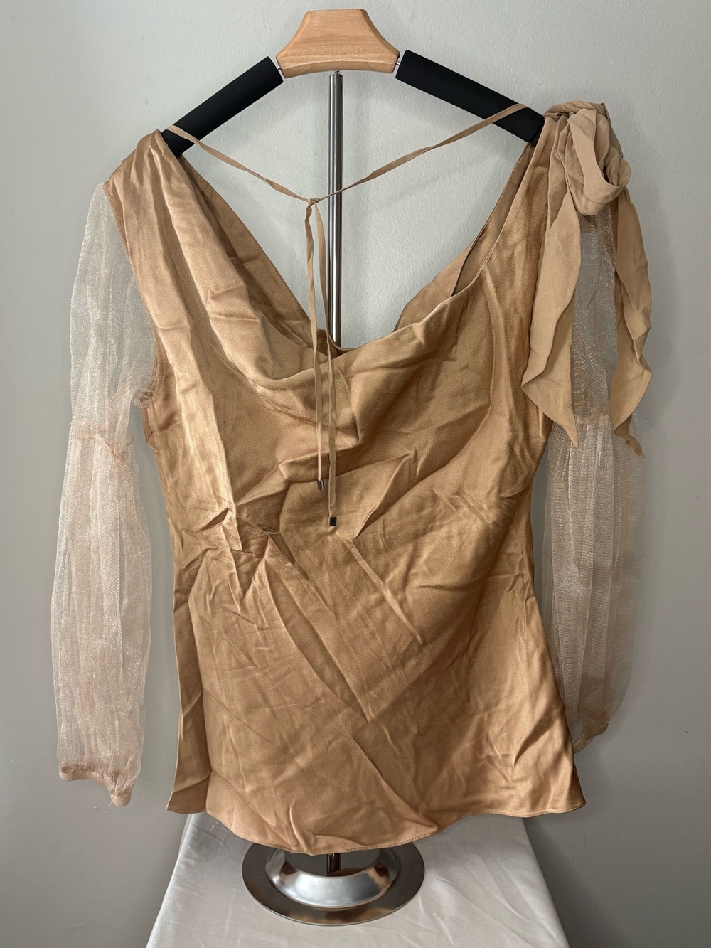 Roberto Cavalli Camel Cowl-Neck Blouse with Sheer Ivory Sleeves - Picture 2 of 6
